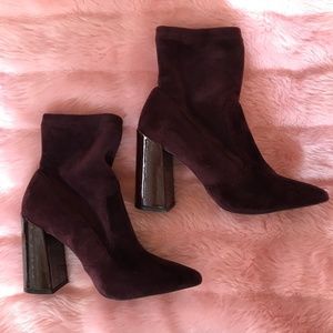 Red Velvet Pointed Asymmetrical Heel Booties